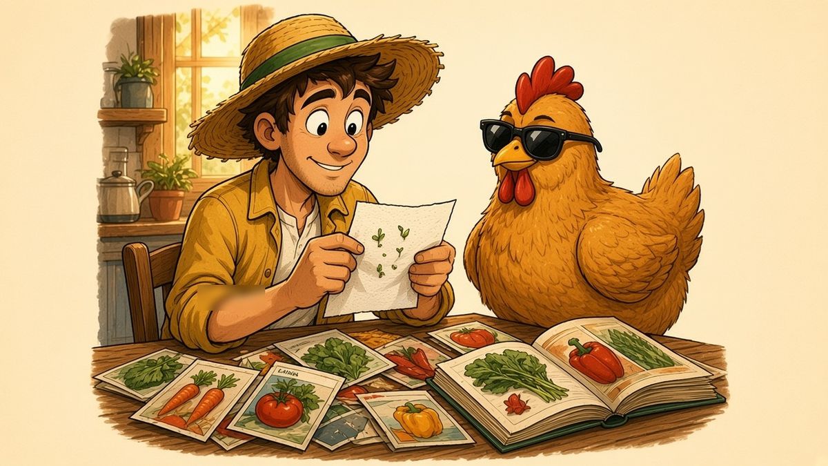 A cartoon farmer at a kitchen table covered in seed packets holds up a damp paper towel with a few sprouts, while a hen in sunglasses inspects it