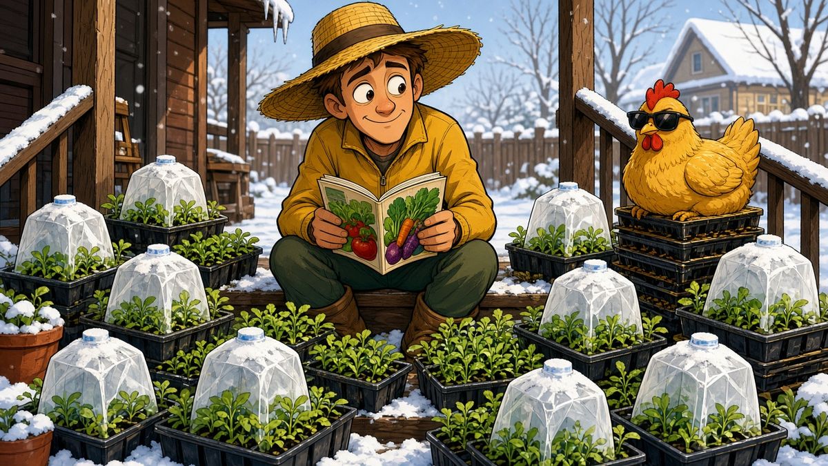 A cartoon farmer in a straw hat sits on a snowy porch surrounded by milk-jug mini greenhouses full of seedlings, while a hen in sunglasses watches from a stack of trays